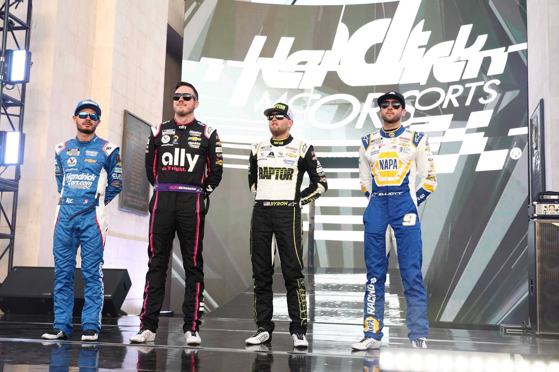 (L-R) Kyle Larson, Alex Bowman, William Byron, and Chase Elliott, before the 2023 NASCAR Clash at the Coliseum. Source: Getty